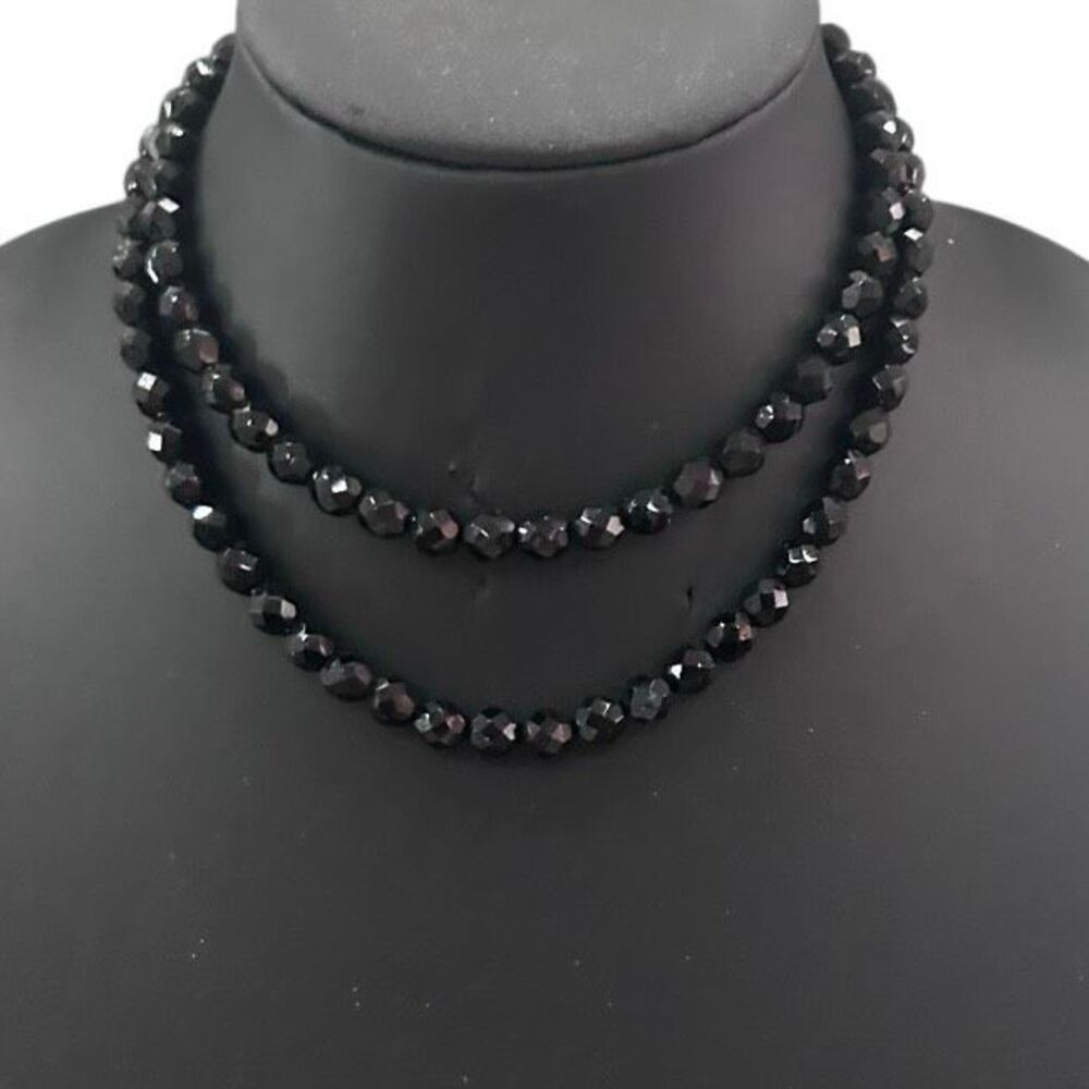 Vintage Single Strand Long Beaded Necklace Women's Black Faceted Glass Beads